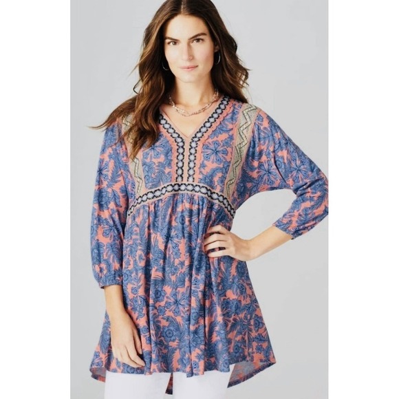 J. Jill Tops - J. Jill Boho Floral Embroidered V-Neck 3/4 Sleeve Tunic Top Women's Size Small